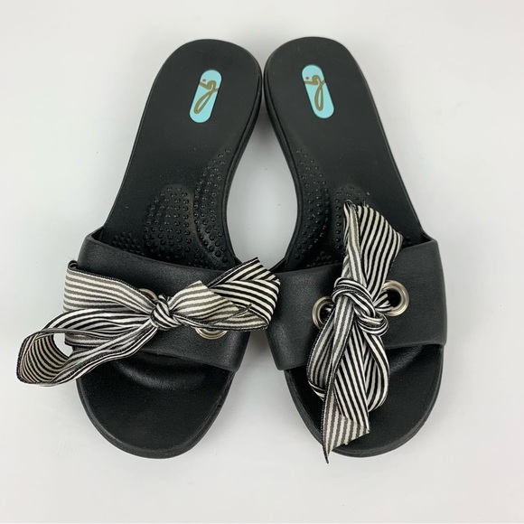 oka.b Slip On Black Slides Rubber Bow Front Tie Striped Sandals Medium - Picture 2 of 7